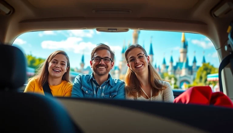 Experience a joyful Beauvais Airport to Disney Transfer with a family in front of Disneyland.