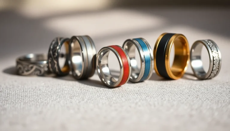 Showcasing unique wedding bands for men with diverse styles and intricate designs.