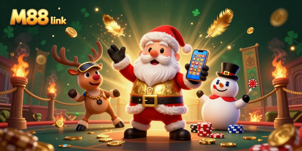 Join the fun with the M88 link, showcasing Santa and friends engaging in thrilling casino gameplay.