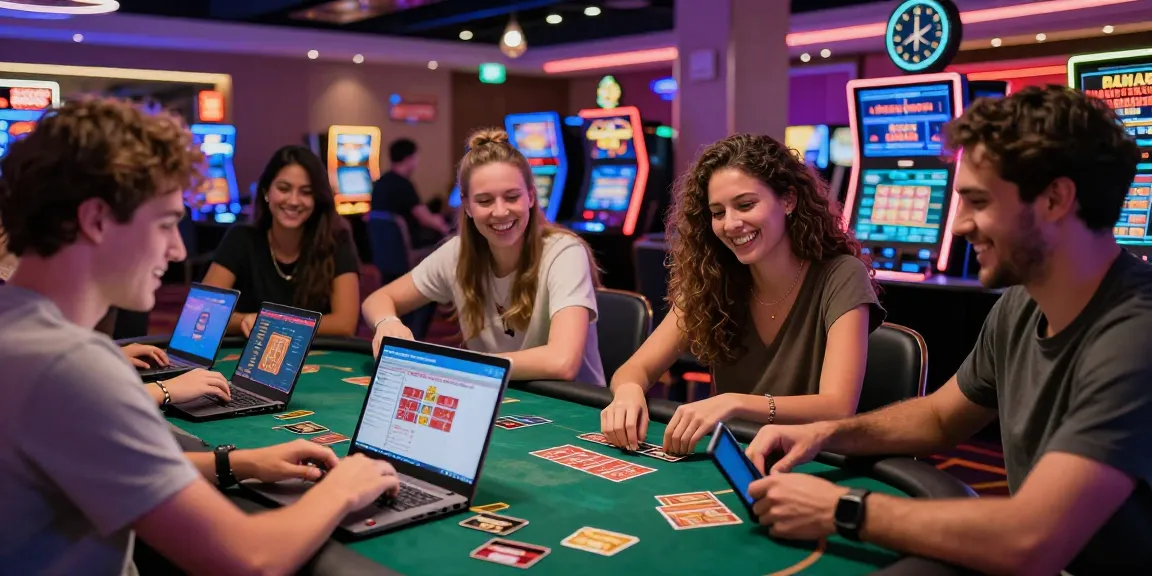 Players at online casinos that accept credit cards enjoying card games with vibrant neon lighting and devices around.