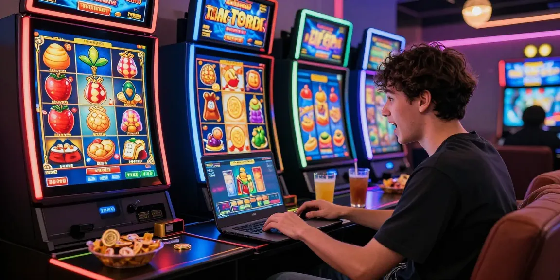 Player enjoying Slot Deposit 5000 game on laptop with vibrant graphics and festive ambiance.