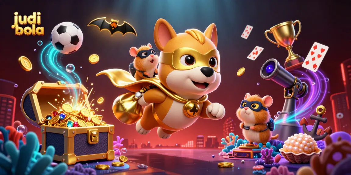 Engage in judi bola with a superhero dog and hamster in action, surrounded by sports elements.