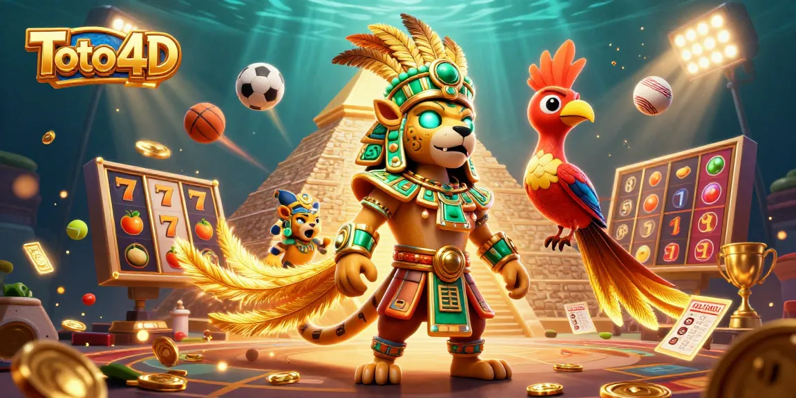 Toto 4D animated illustration featuring a Mayan priest with gold details and vibrant slot game elements.