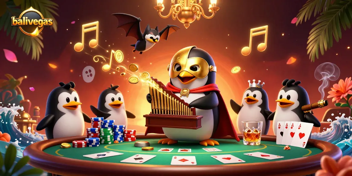 Engage in exciting gameplay at balivegas with a lively casino atmosphere featuring a penguin and dramatic poker elements.