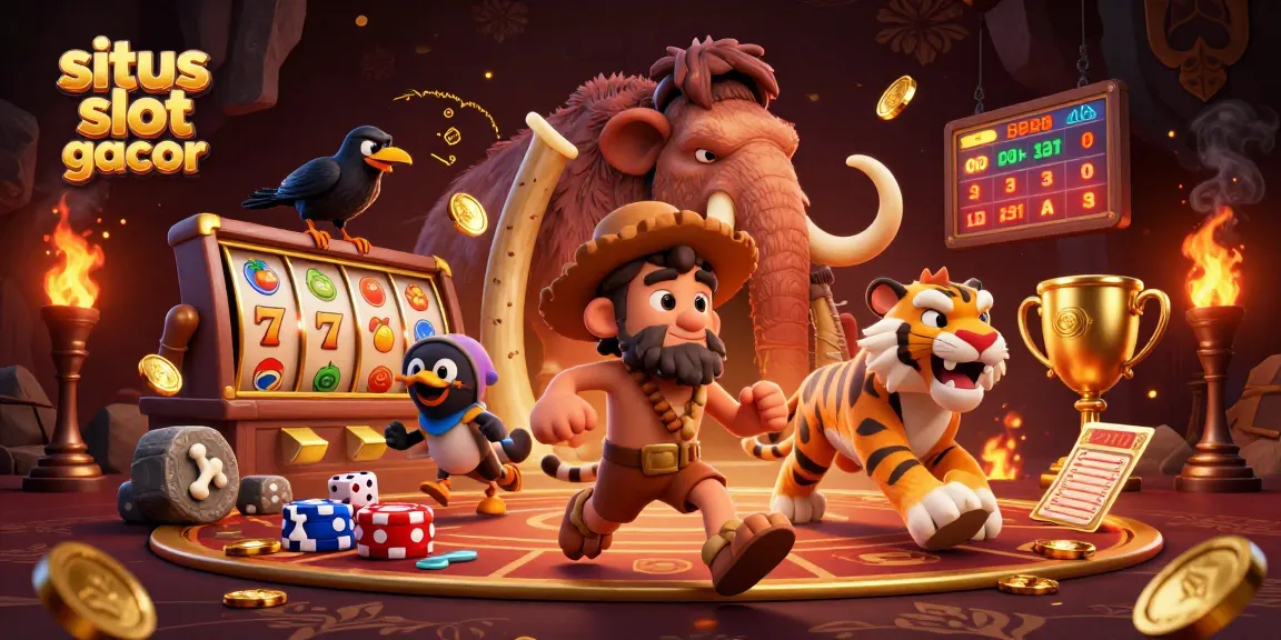 Situs slot gacor showcases a lively prehistoric casino with a caveman and sabertooth tiger, embellished with dynamic slot elements.
