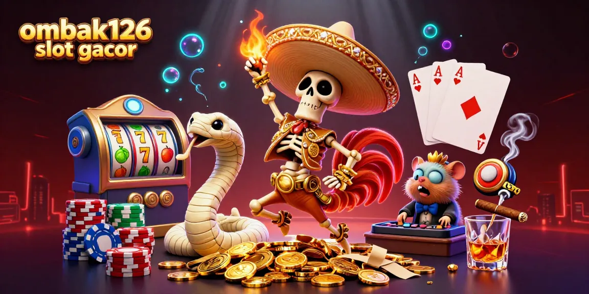 Spin ombak126 slot gacor reels with a mariachi rooster, mummy snake, and DJ hamster in a vibrant casino scene.