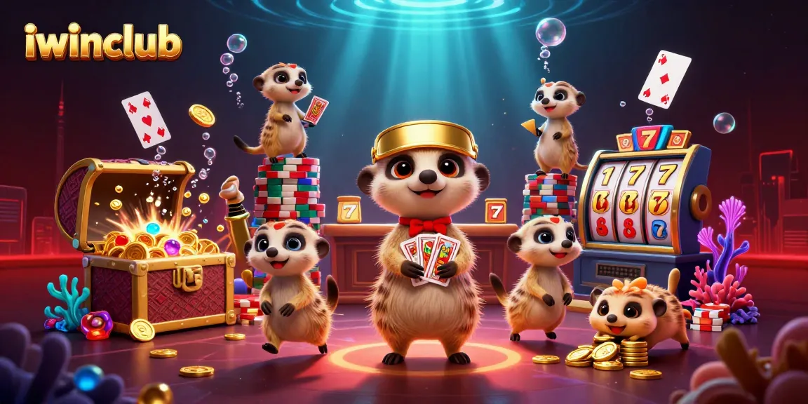 Engage in thrilling casino games at iwinclub with animated meerkats running vibrant slot machines.