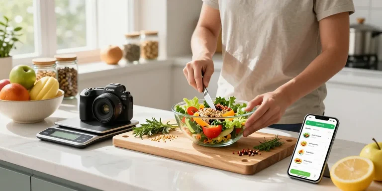 Engaging kitchen scene with best food tracker app on smartphone and fresh salad preparation, highlighting healthy cooking.