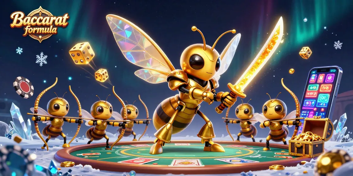 Engage with the Baccarat formula strategy amidst a dynamic 3D casino scene filled with vibrant game elements