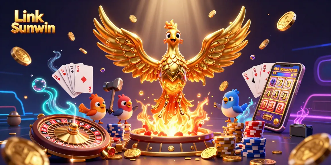 Engage in thrilling gaming with Link Sunwin, showcasing a dazzling 3D casino scene bursting with gold coins and excitement.
