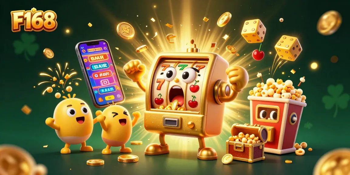 F168 engages players by hitting jackpots; golden slot machines celebrate amidst dollar coins, vibrant casino atmosphere.
