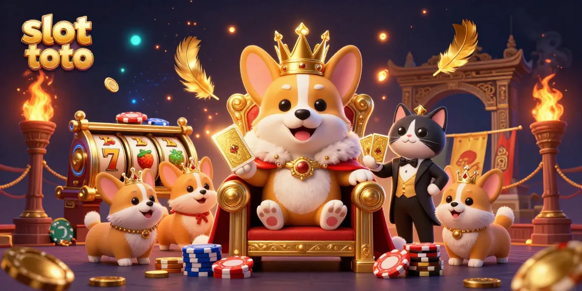 Experience thrilling slot toto adventures with a regal corgi and casino elements in a vibrant atmosphere.