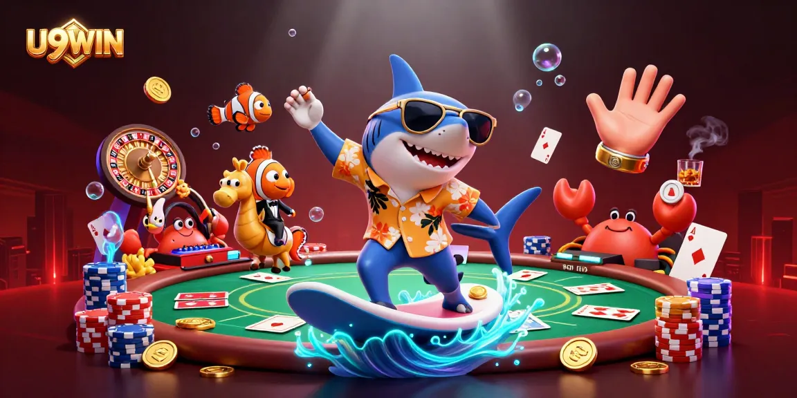 Experience U9WIN's vibrant casino scene with a shark surfing gold coins amidst poker elements.