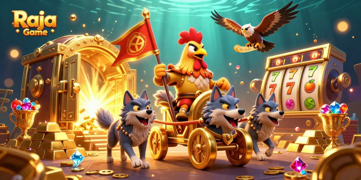 Engage in Raja Game with exciting slot reels and a dynamic casino theme featuring vibrant treasures.