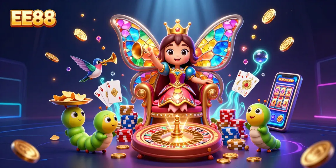 Experience the dazzling world of EE88 with a vibrant 3D cartoon casino scene filled with enchanting characters and dynamic gambling elements.