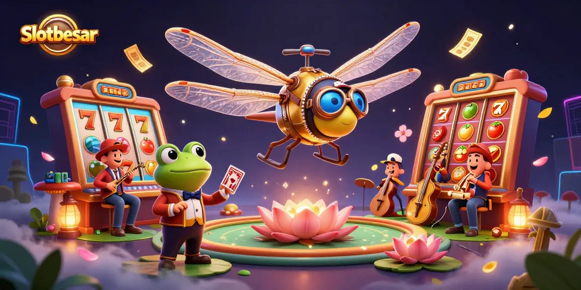 Experience thrilling gameplay at slotbesar with a vibrant scene featuring a dragonfly pilot and frog croupier.