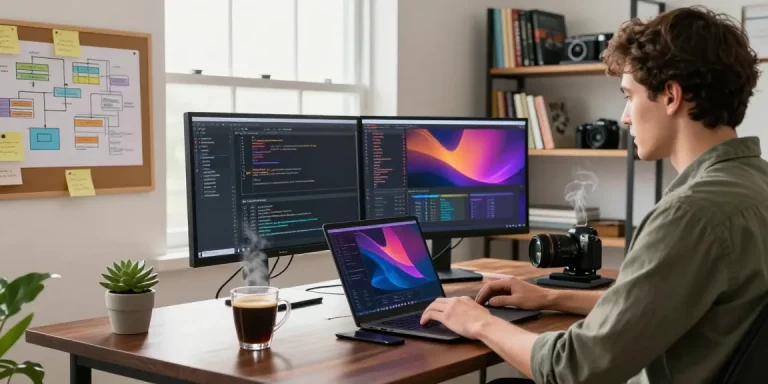 Developer working in cozy home office, showcasing 纸飞机中文版 coding activities with dual monitors and lively coffee atmosphere.
