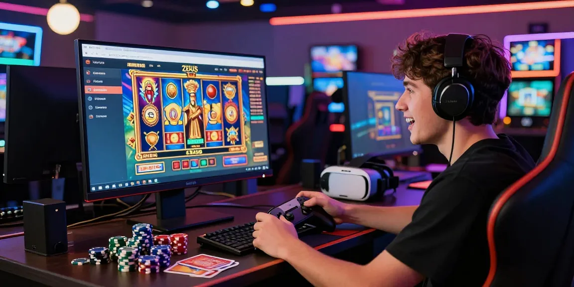 A player enjoying zeus slot game in a vibrant online casino setting, showcasing excitement and engagement.