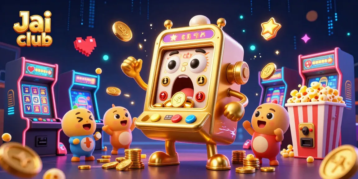 Celebrate your wins with Jai club's 3D cartoon slot machines hitting jackpots and showering coins.