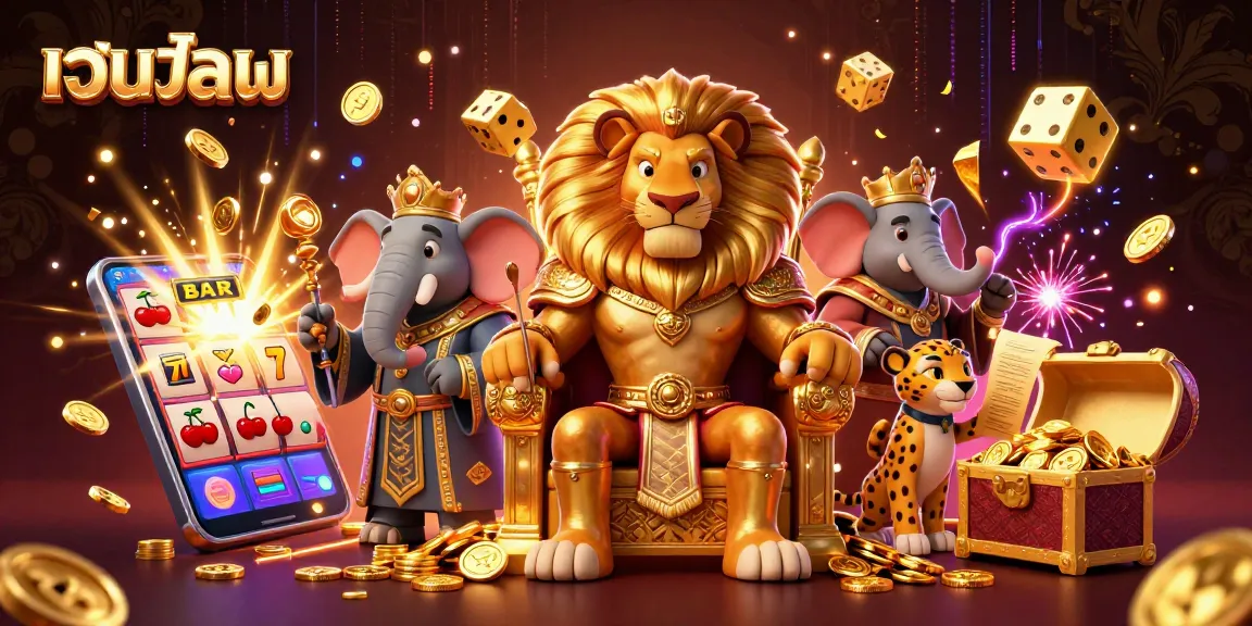 Experience thrilling เว็บบอล action with an ultra-detailed 3D illustration of a lion king and casino elements.