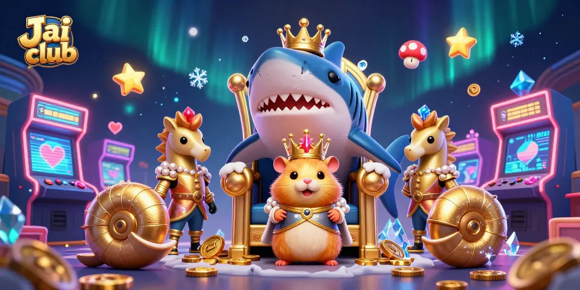 Engage with the Jai club gaming world as the golden hamster king takes his throne amidst vibrant game symbols.