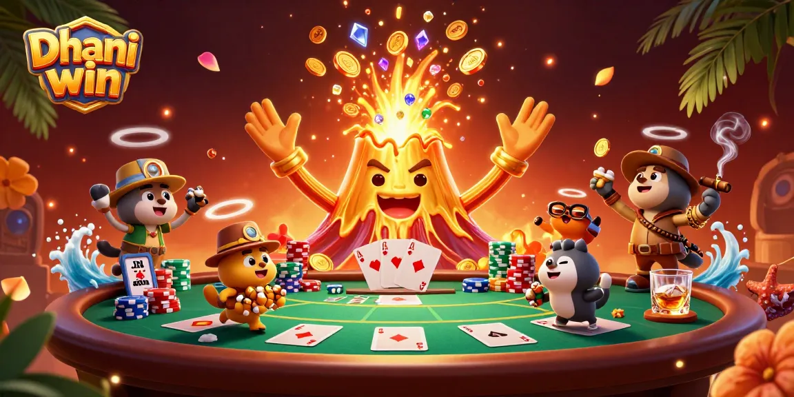 Dhani win showcases a vibrant gaming scene where a golden volcano erupts coins as tiny explorers gather treasure.