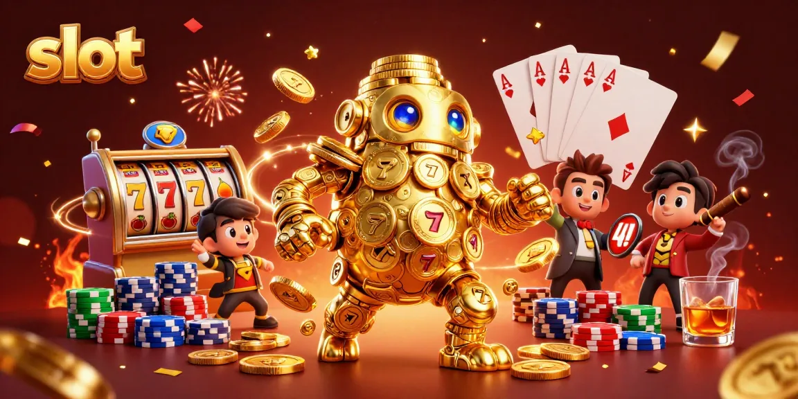 Menghasilkan slot dengan simbol keberuntungan dan golem emas di kasino online yang penuh warna.