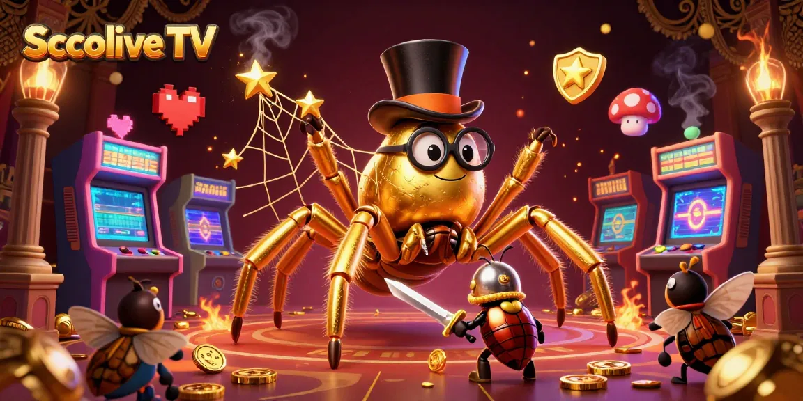 Socolive TV showcases a dynamic scene of a golden tarantula weaving a web amidst casino elements, engaging players in vibrant gameplay.