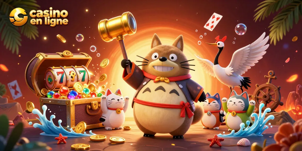 Jouez à casino en ligne avec des maneki-neko et un tanuki dans une illustration dynamique.