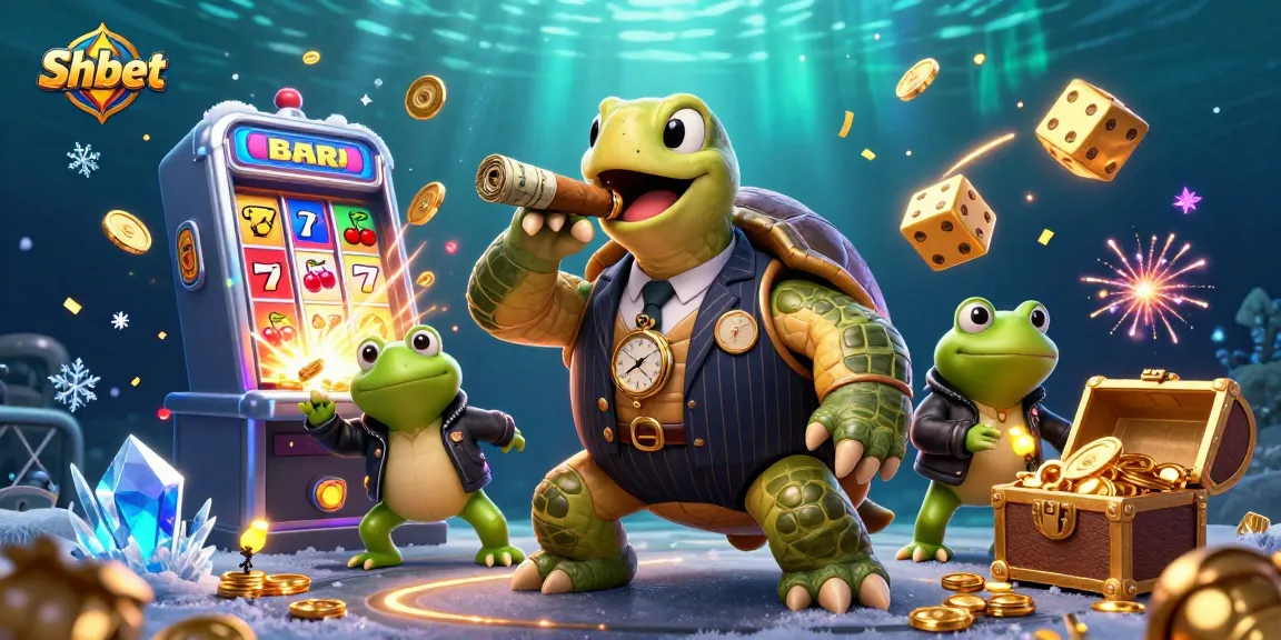 Engage with Shbet's vibrant casino scene featuring a turtle mobster and bullfrog enforcers, all amidst exciting game elements.