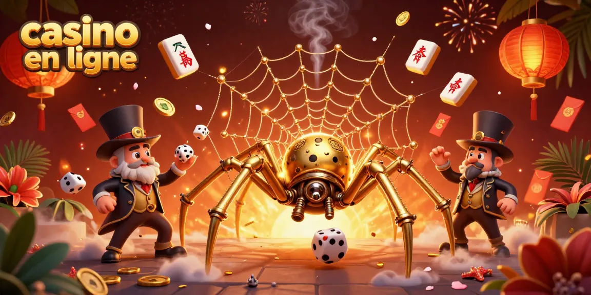 Jouez au casino en ligne avec cette illustration dynamique d'une araignée en laiton attrapant des dés malchanceux.