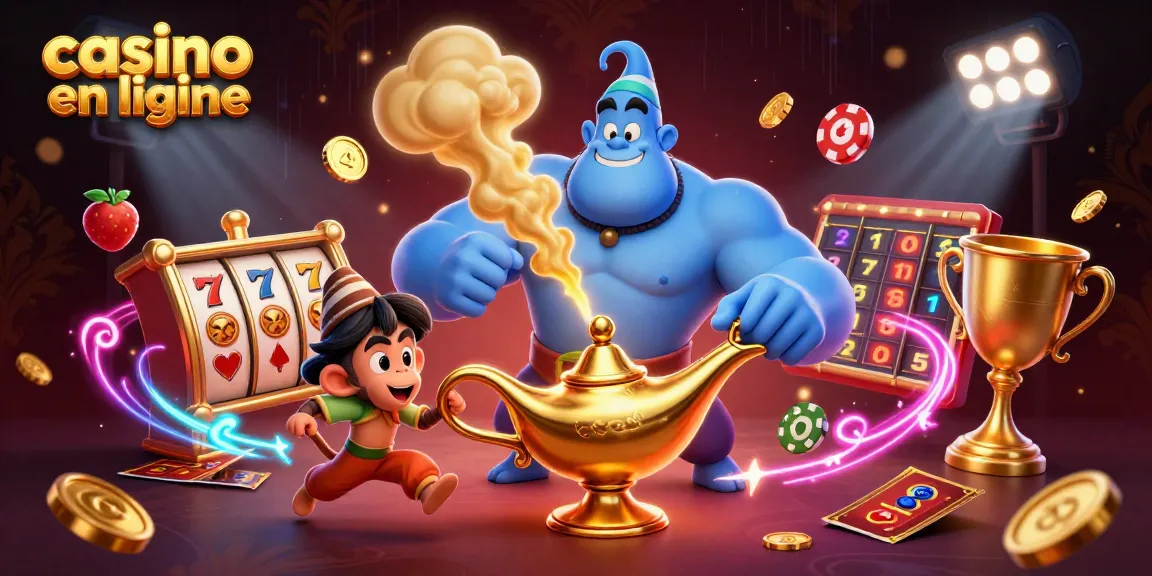 Des jeux de casino en ligne animés et colorés, avec un génie et des jetons.