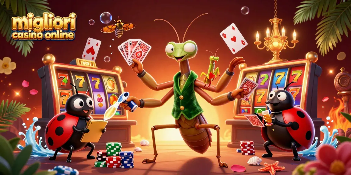 Scopri i migliori casino online con un camaleonte caricatore di carte e una coccinella, circondati da giochi e simboli d'azzardo.