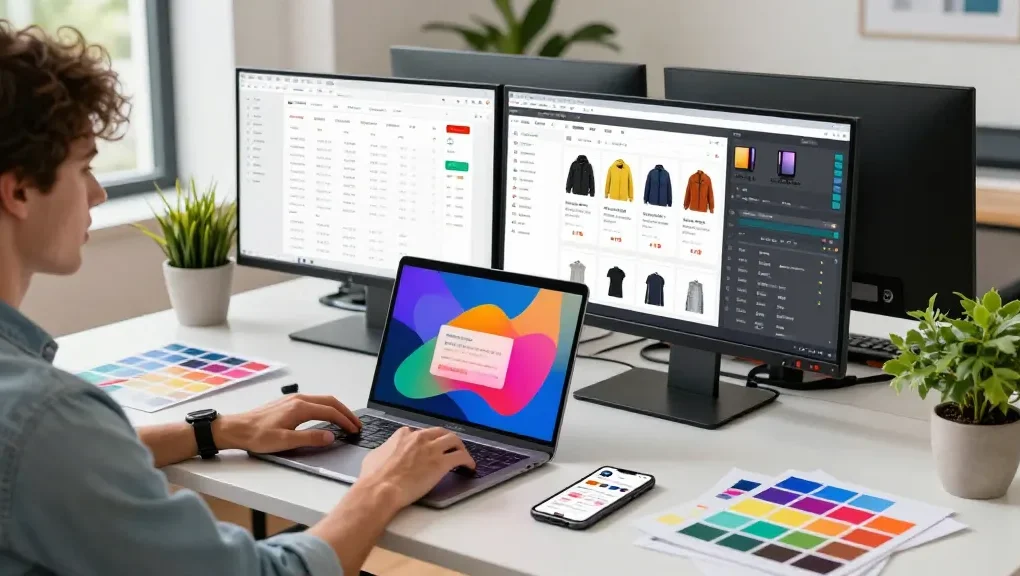 Dynamic workspace showcasing lenball168.com e-commerce analytics and design, highlighting productivity and creativity.