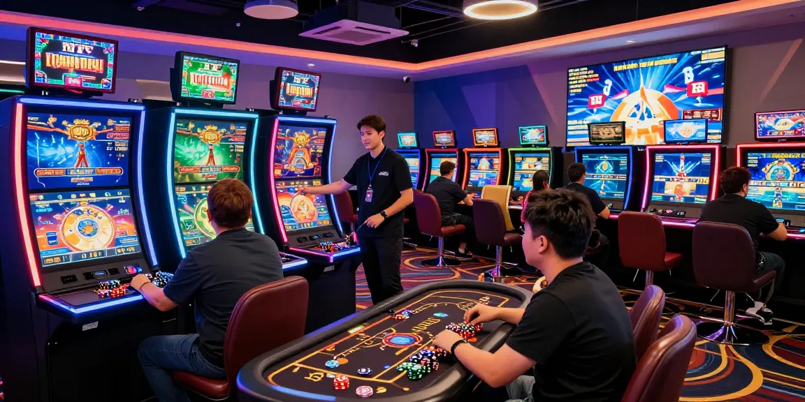 NAGA2000 gaming environment with excited players and vibrant screens.