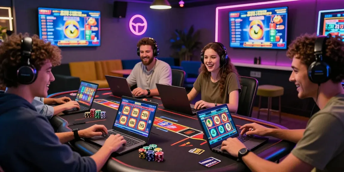 Excited players engaging with credit card casinos in a vibrant gaming lounge.
