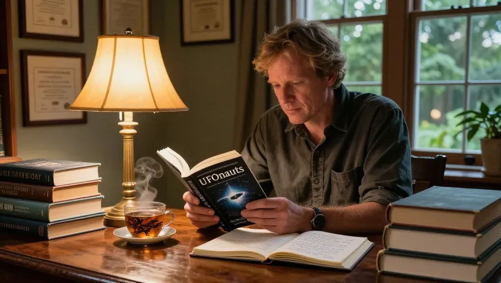 T Allen Greenfield immersed in his award-winning book "UFOnauts" at https://tallengreenfield.com, surrounded by books on spirituality and UFO phenomena.