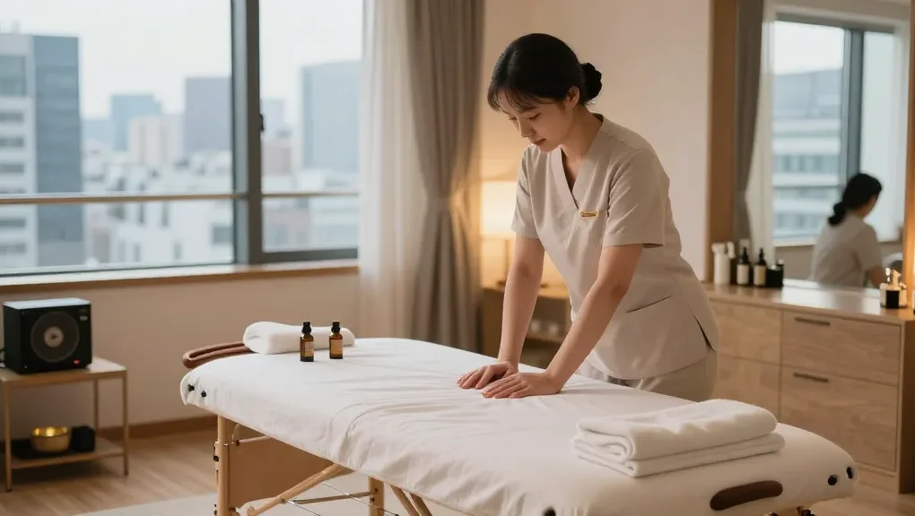 Relaxing 서울출장안마 experience with professional therapist setting up in a bright apartment.